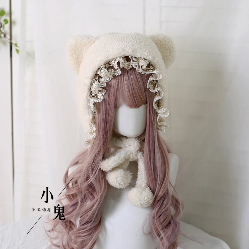 Soft Girl Lovely Lace Trim Lolita Daily Little Bear Ear Plush Warm Hat Harajuku Thicken Earmuffs Winter INS Bandage Fashion Cap