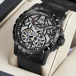 OBLVLO Top Brand Luxury Design Transparent Hollow Skeleton Watches Tourbillon All Black Automatic Men Watches RM-E