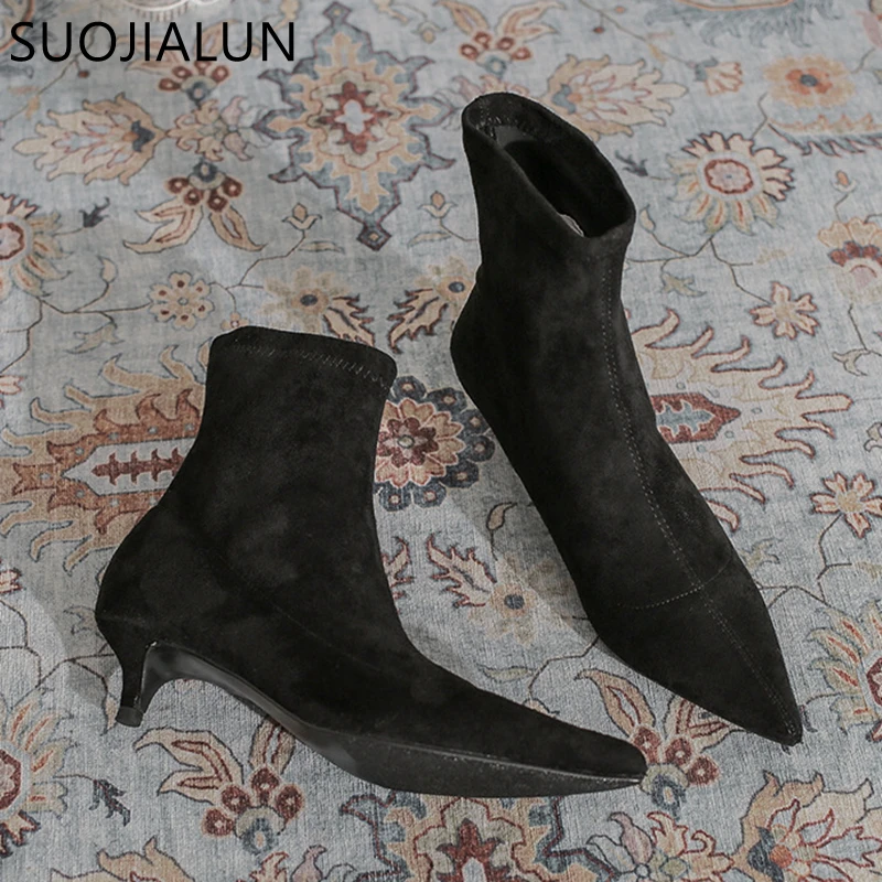 SUOJIALUN High Quality Pointed Toe Ankle Boots Thin Low Heel Slip On Chelsea Boot Shoes Suede Leather Casual Ladies Short Boots