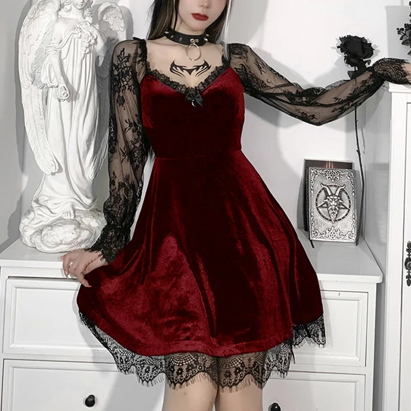E-mädchen Grunge Gothic Schwarz Mini Kleid Spitze Trim Hohe Taille Bodycon Kleid Y2K Frauen 90s Vintage Punk harajuku Lolita Kleidung
