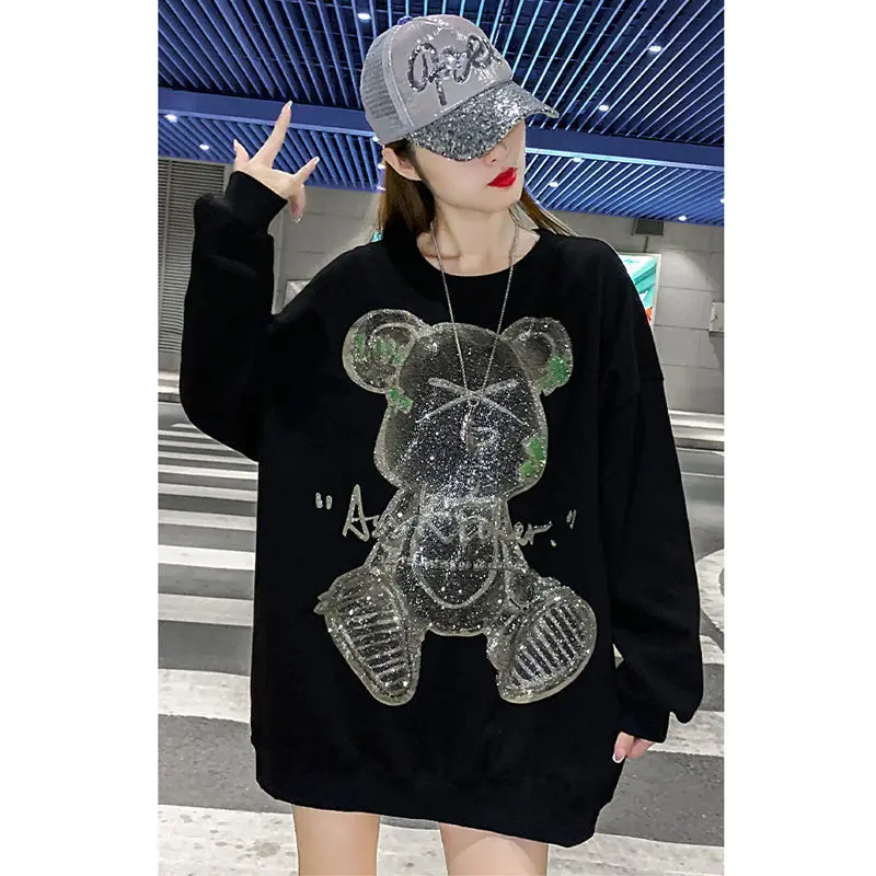 Plus Size 4XL Bear Beading Sweatshirt Women 2024 New Korean Pullover Harajuku Style Black Oversized Cartoon Top