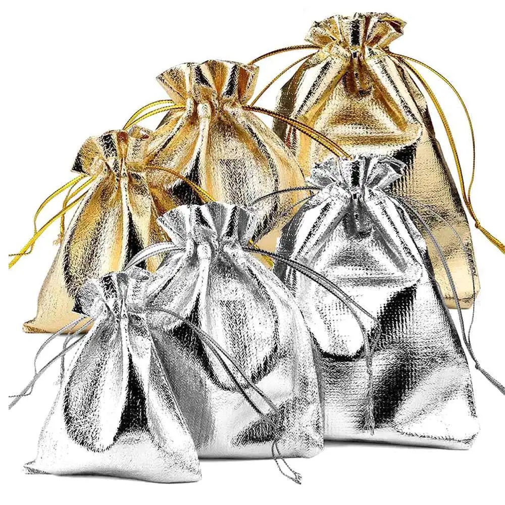 25pcs 7x9/9x12/10x15cm Fabric Packing Gift Bags Gold Color Jewelry Packaging Bag Wedding Party Present Drawstring Pouch