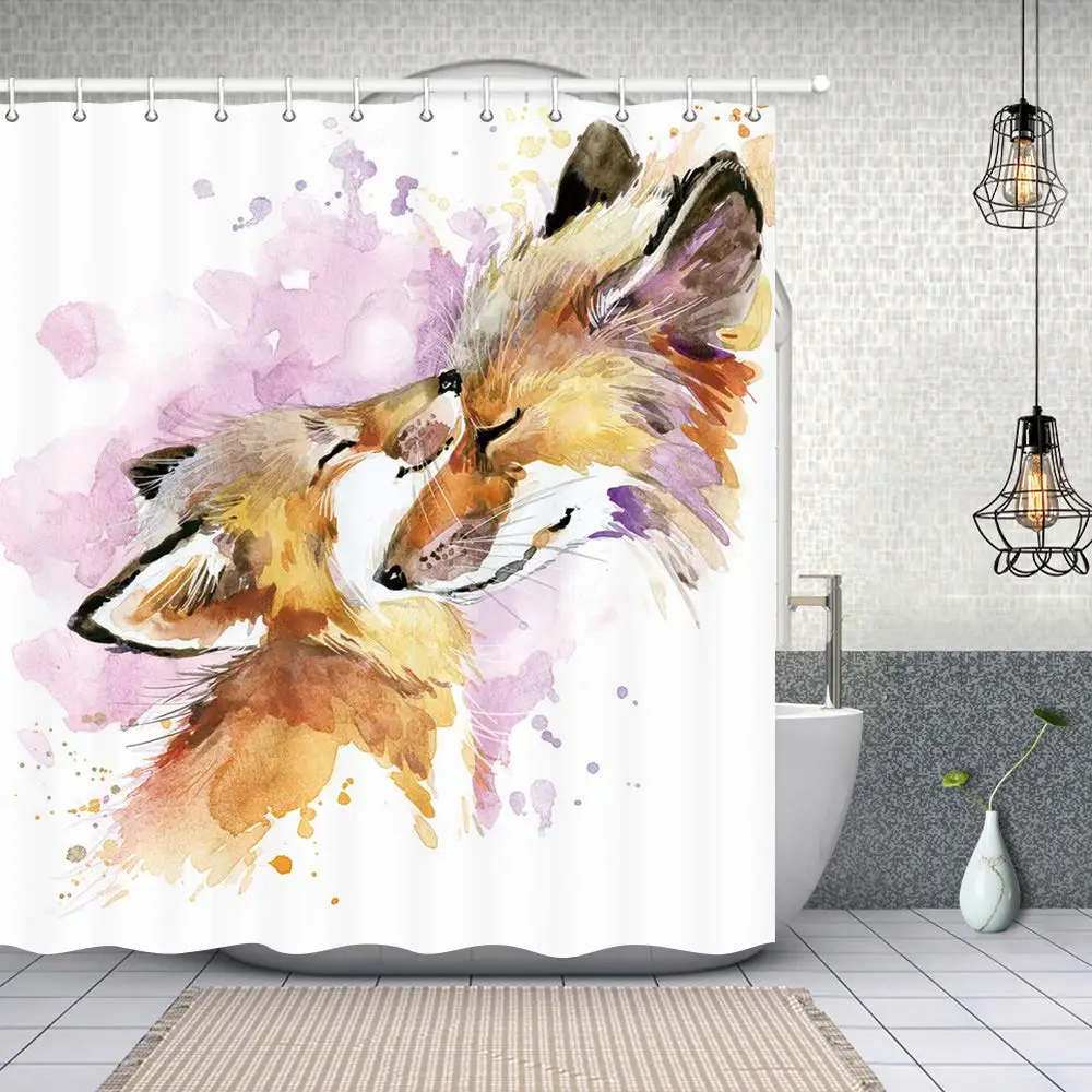 Animals Motherhood Decor Watercolor Fox Mother and Baby Fox Shower Curtain, Polyester Fabric Catoon Fox Bathroom Decorations