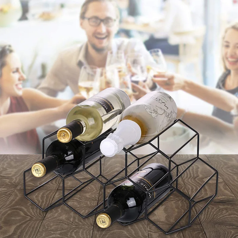 Simple Metal Wrought Iron Wine Rack Tabletop Display Black Gold Can Hold 7 Bottles of Wine Bar Storage Wine Holder