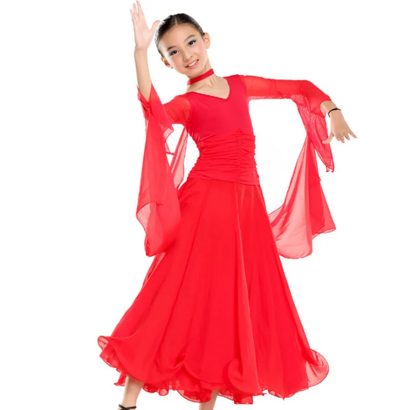 Chiffon Long Sleeves Standard Competition Ballroom Dance Dress Fo Girl Kids One Piece Child Modern/Waltz/Latin Dancing/Dancewear