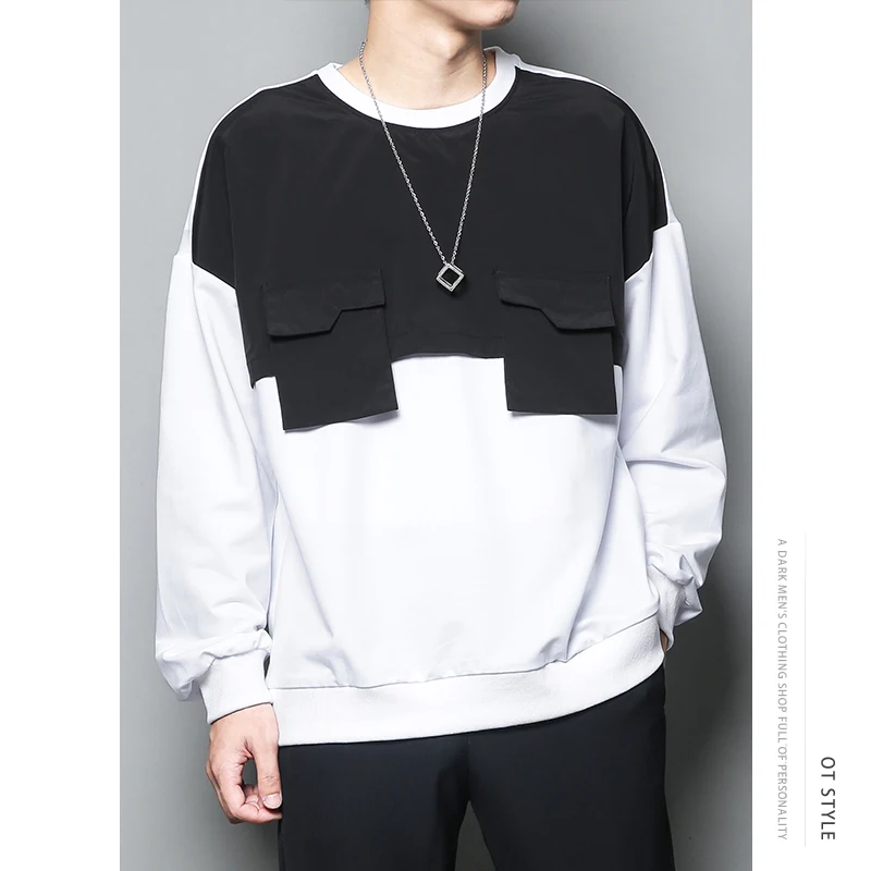 

Dark Department personality trend pocket black and white contrast color stitching loose round neck sweater men's top bottomed sh