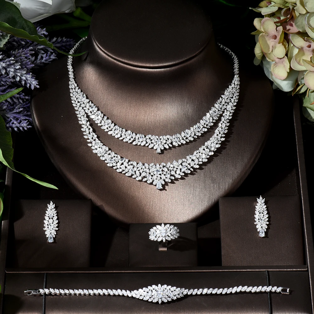 HIBRIDE New Trendy Two Layers Jewelry Set For Women Wedding Cubic Zircon  African Dubai Bridal Jewelry Set Dance Party N-865