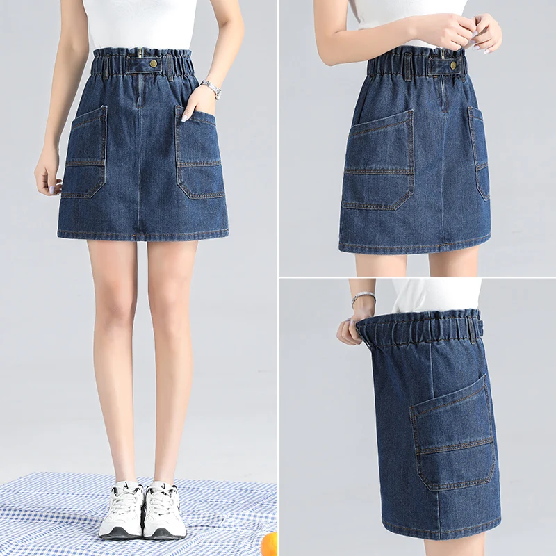 Students Elastic waist Denim Skirts Women High Waist Button Pockets Split Jeans Straight Skirts Plus Size A-line skirt