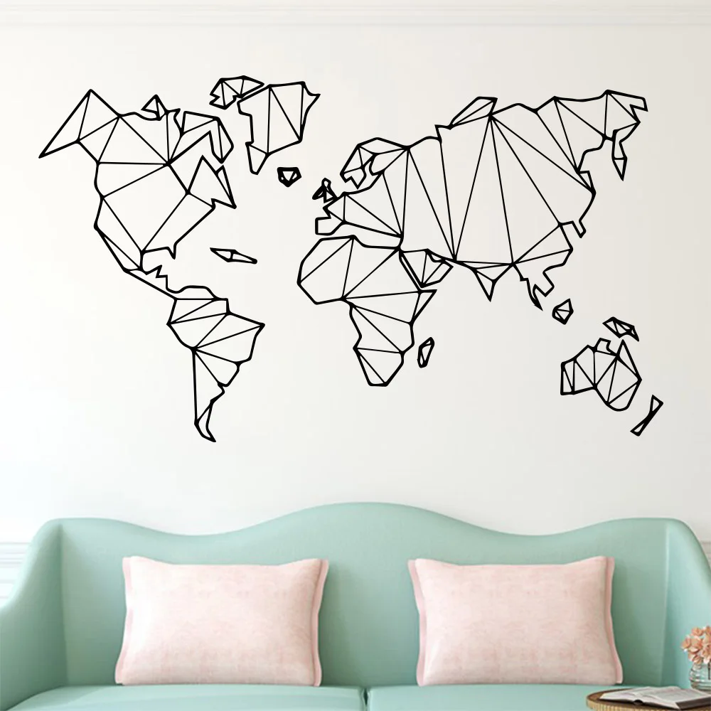 Large Size Geometric World Map Wall Sticker Vinyl Mural Removable Bedroom Decor Stickers Home Living Room Decoration Accessories