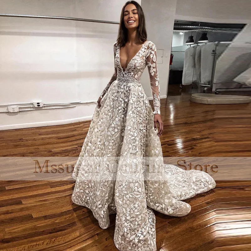 2022 Prachtige Kant Wedding Dress Applique V-hals Longsleeves A-lijn Bruidsjurken Robe De Mariage