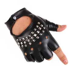 Man Street Dance Fashion Rivet Stage Performance Sexy Half Finger Leather Gloves Nightclub Punk Hip Hop Male Hollow Personality