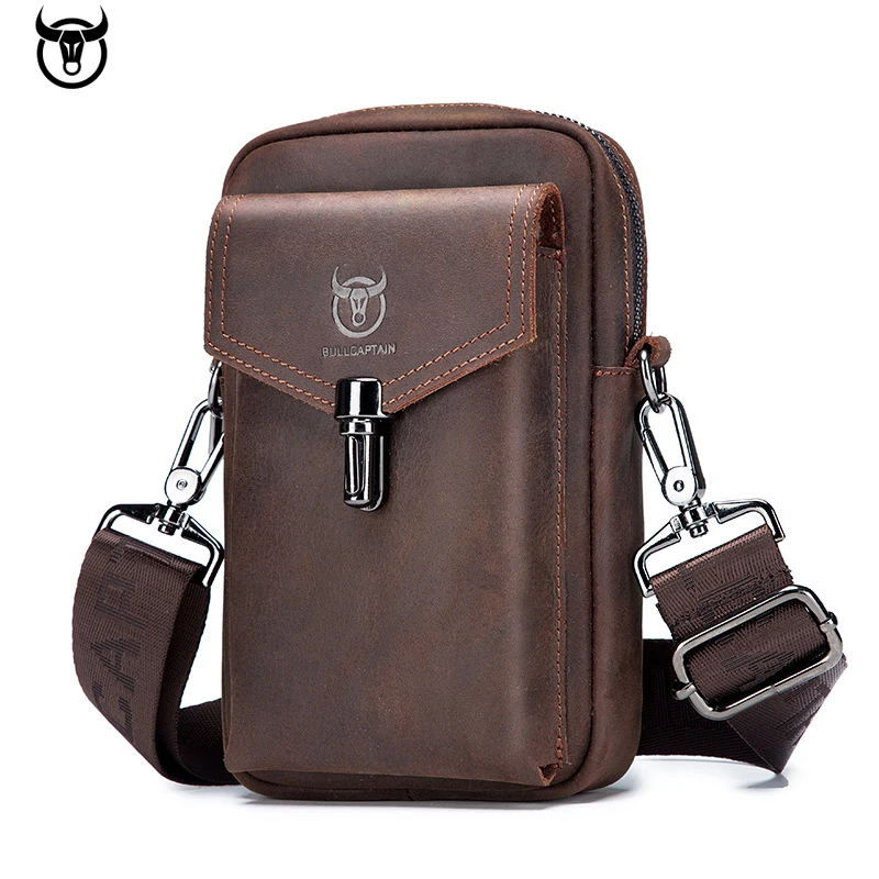 Cow Leather Mobile Phone Bag Genuine Leather Men\'s Casual Belt Waist Bag Trend Multi-Function Shoulder Messenger Bag