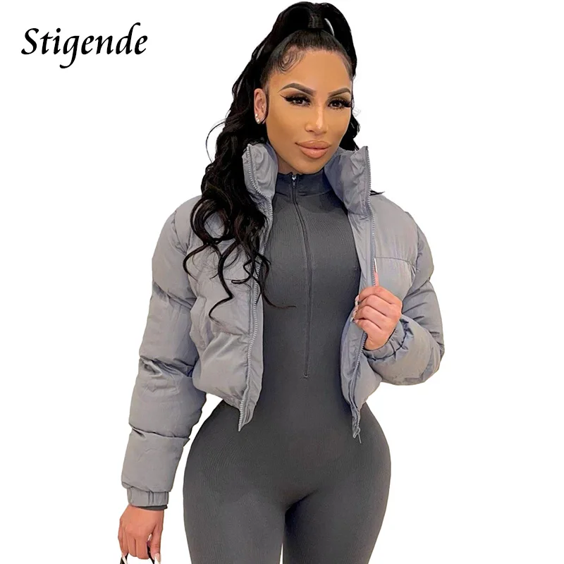 Stigende Cotton Padded Coat Women Patchwork Puffer Parka Outwear Solid Color Winter Warm Zipper Crop Top Jacket Chaqueta Mujer