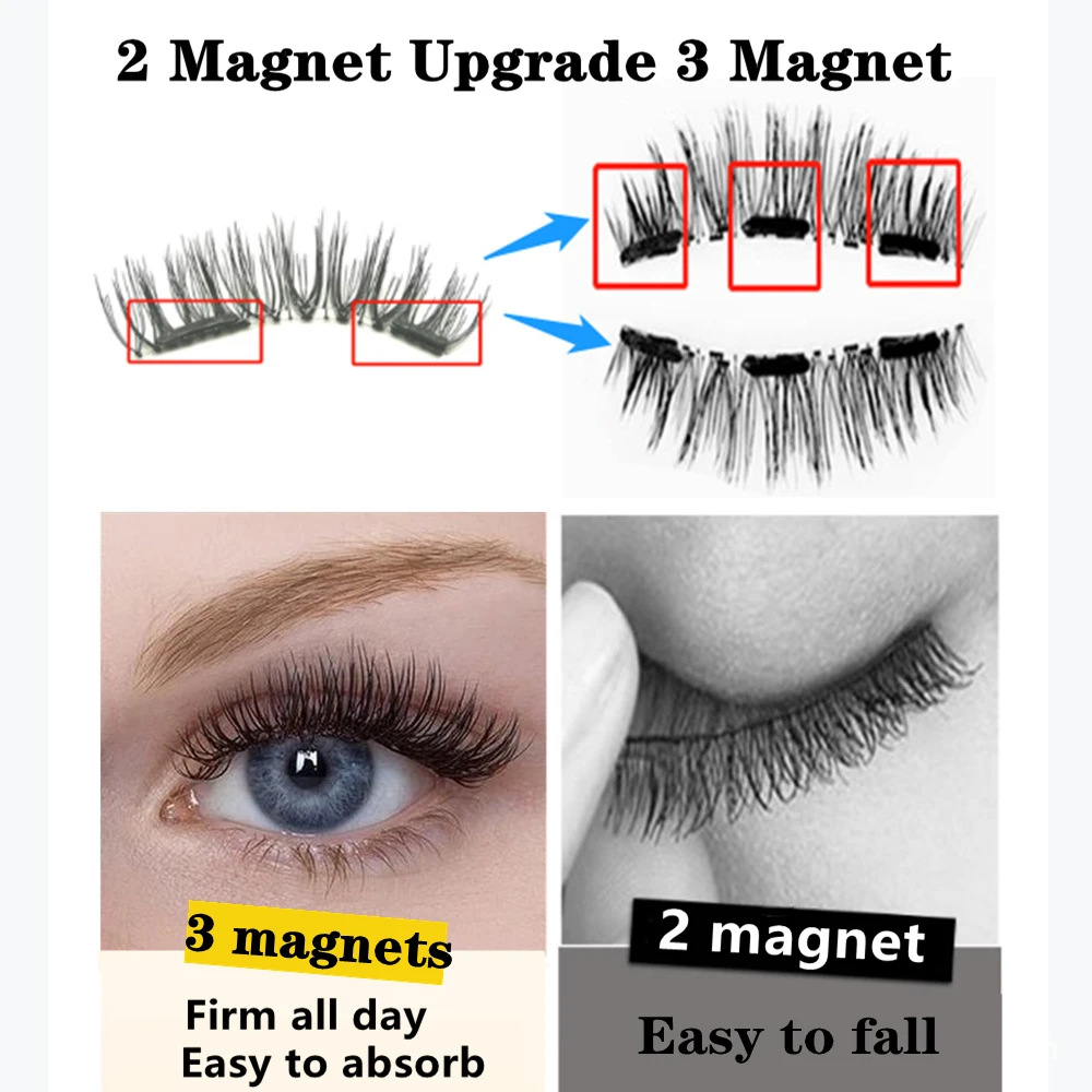 New 2 Pairs 8PCS 3D Natural Magnetic Eyelashes , Handmade Reusable Magnetic False Eyelashes With 3 Magnets Magnetic Eyelashes