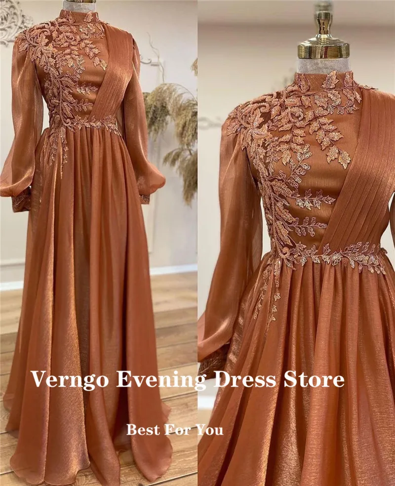 Verngo-Vestidos de Noche formales para mujer, traje de manga larga, cuello alto, encaje Floral, Azul Marino, Arabia Saudita, 2021