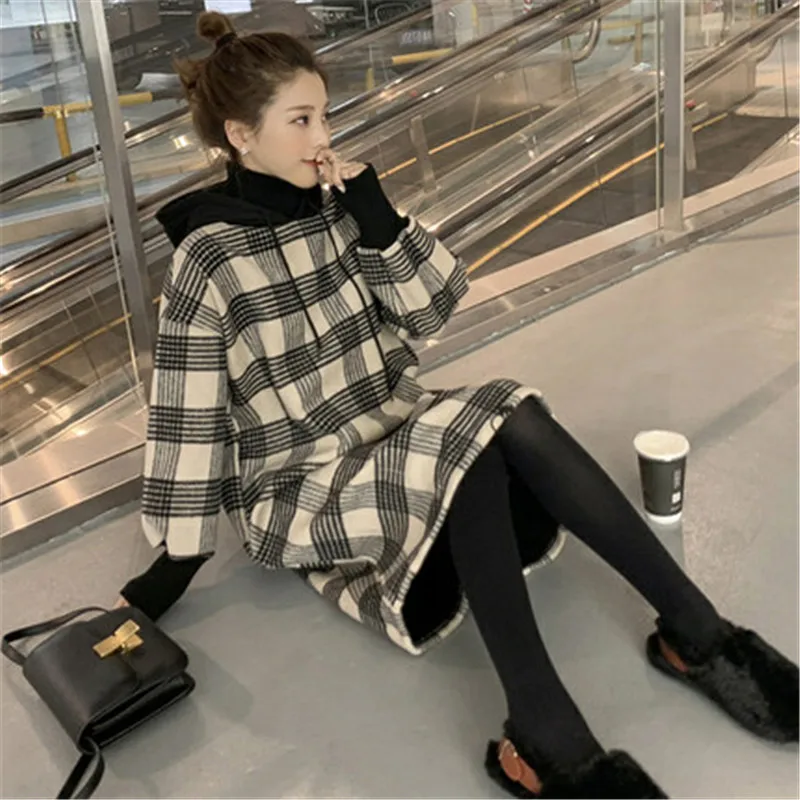 

2023 Autumn Winter Dress Women's Clothing Spring Vintage Slim Long Sleeve Hooded Pliad Dress B584