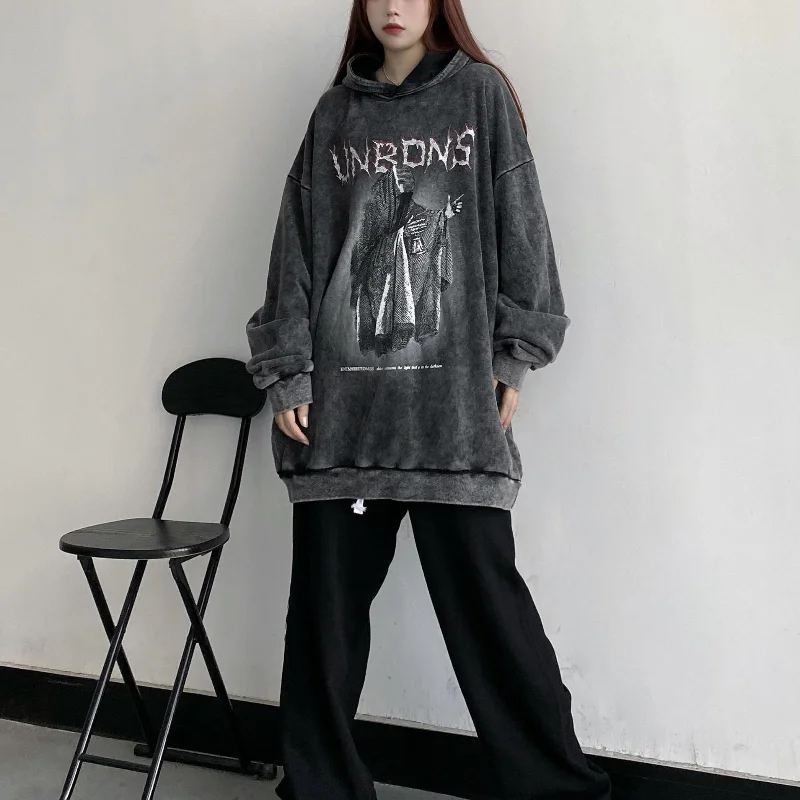 HOUZHOU Gothic Women Hoodie Aesthetic Vintage Dark Clothes Autumn 2021 Long Sleeve Thin Sweatshirt Oversized Y2k Streetwear