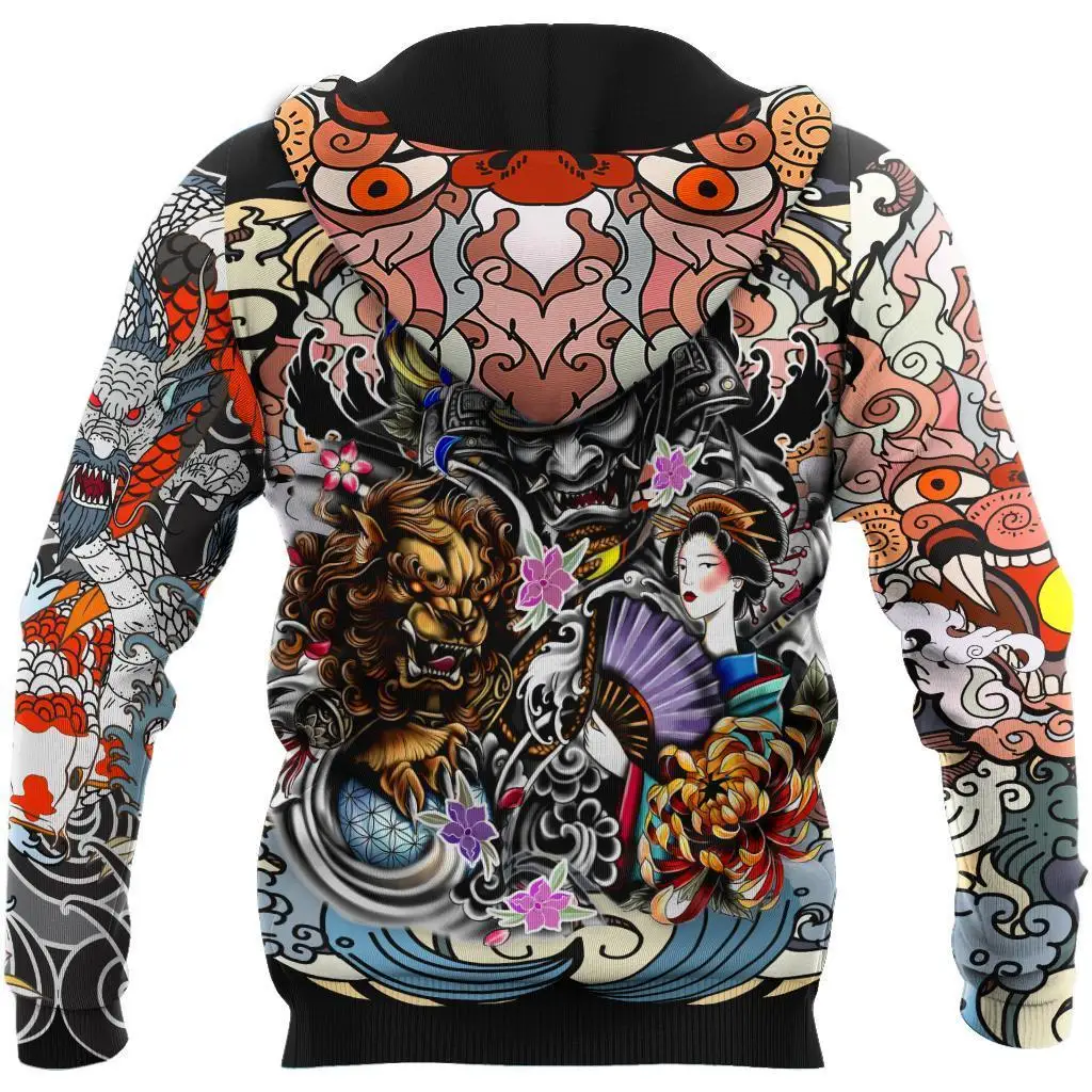 Samurai Geisha And Lion Tattoo 3D All Over Printed Men's Hoodie & Sweatshirt Autumn Unisex Zip Hoodies Casual Streetwear KJ791