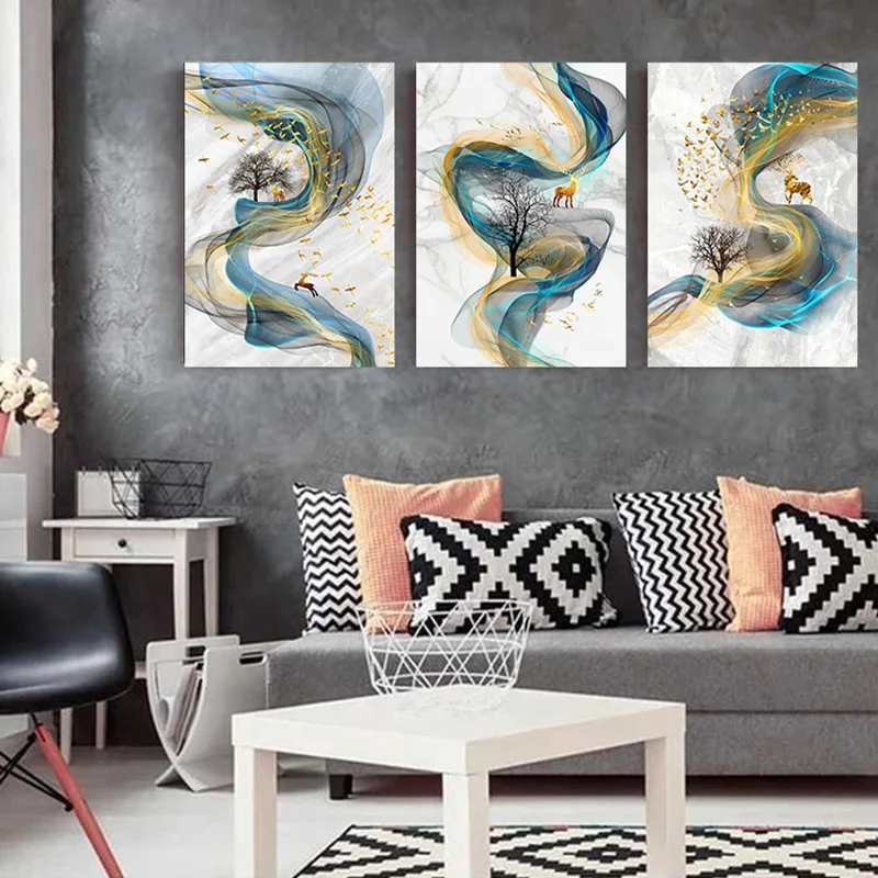 Abstract Golden Deer Luxury Poster Canvas Painting Marbling Ribbon Picture Home Decor Wall Art Nordic Print for Living Room