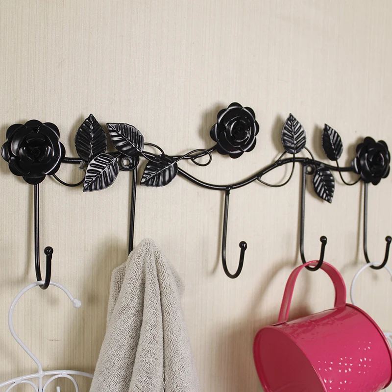 European-style Iron Rose Design Decorative Wall Hook Wall-mounted Coat Hanger Storage Rack Key Holder Organizer Home Decor