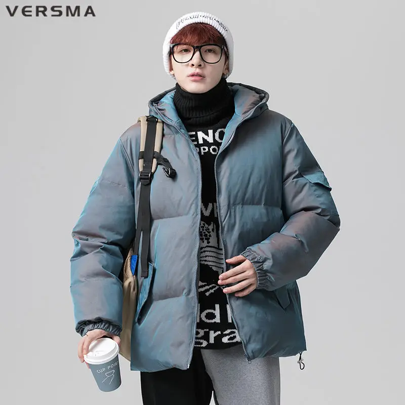 VERSMA Japanese Vintage Chic Reflective Solid Color Parka Men Hip Hop Streetwear Winter Warm Thick Youth Parkas 5XL Dropshipping