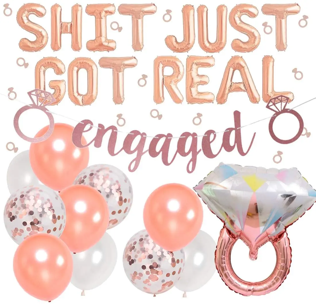 

Engagement Party Decorations Rose Gold Wedding Bachelorette Bridal Shower Party Supplies Diamond Ring Balloons Engaged Banner