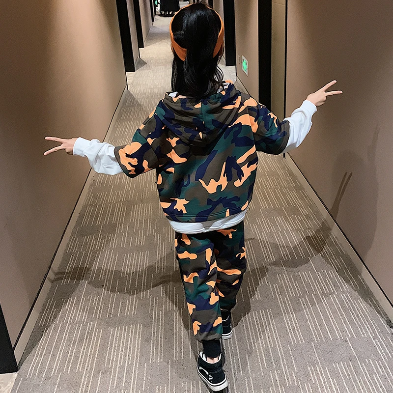 New Girls' Spring Camouflage Clothing Set 2023 Fall Children's Military Uniform Clothes Tracksuit Kids Spliced Sports Suit X69