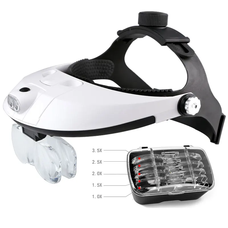 Hands Free Head Headband Helmet Magnifier Glasses Loupe Head Magnifier With LED Light and 5 lenes