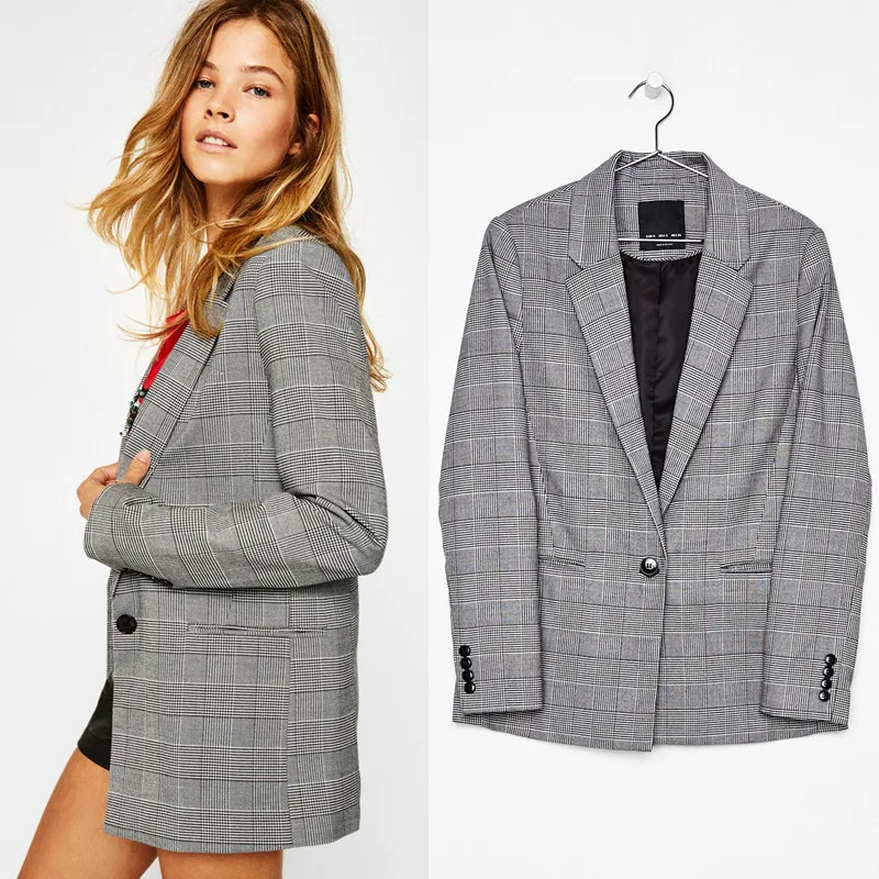 

Elegant Autumn V-Neck Turn-Down Collar Slim Plaid Blazer Jacket Long Sleeved Checked OL Woman Suits Slim Casual buckles Coat