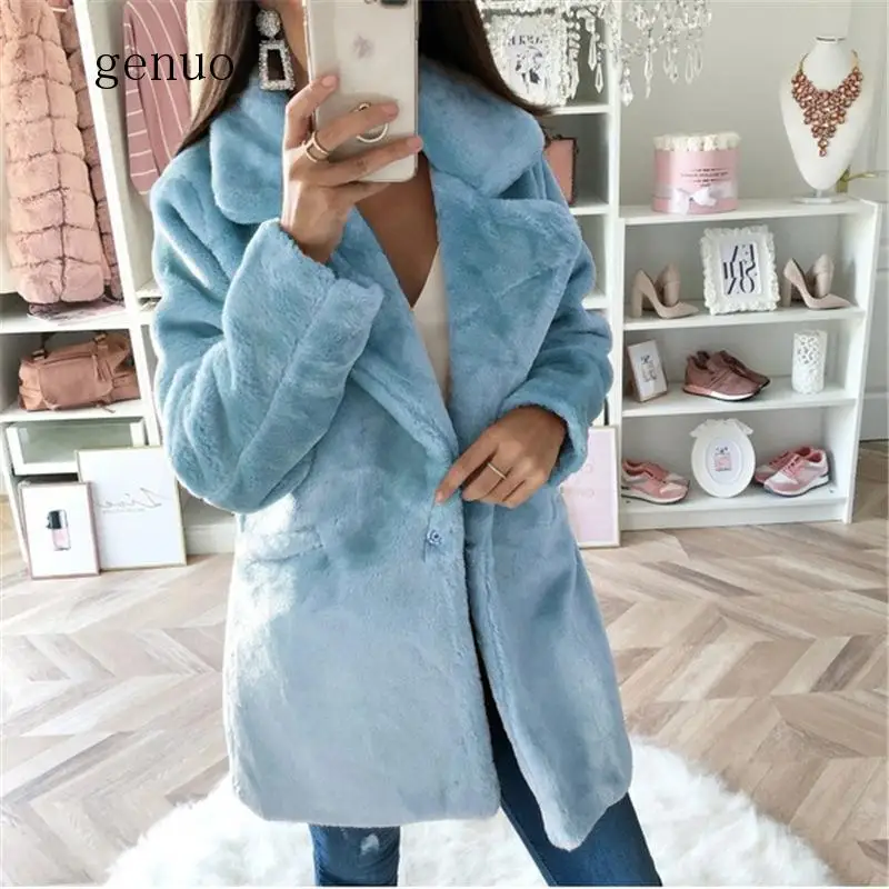 Frauen Fluffy Warme Pelz Mantel Lange Hülse Drehen Unten Kragen Dick Herbst Chic Faux Pelz Soild Winter Mantel