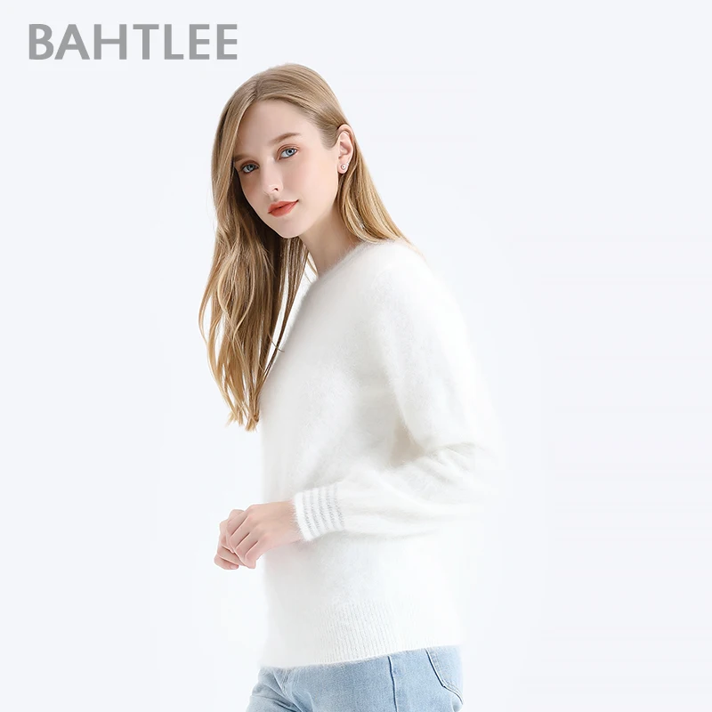 BAHTLEE-Women\'s Angora Wool Sweater, Knitted Jumper, Long Sleeves, O-Neck, Silver Wire Suit, Basic Style, Autumn, Winter