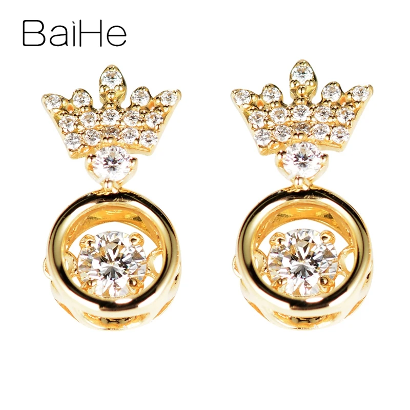 BAIHE Solid 14K Yellow Gold Dancing Diamond Crown Stud Earrings Women Wedding Engagement Trendy Fine Jewelry Серьги-гвоздики