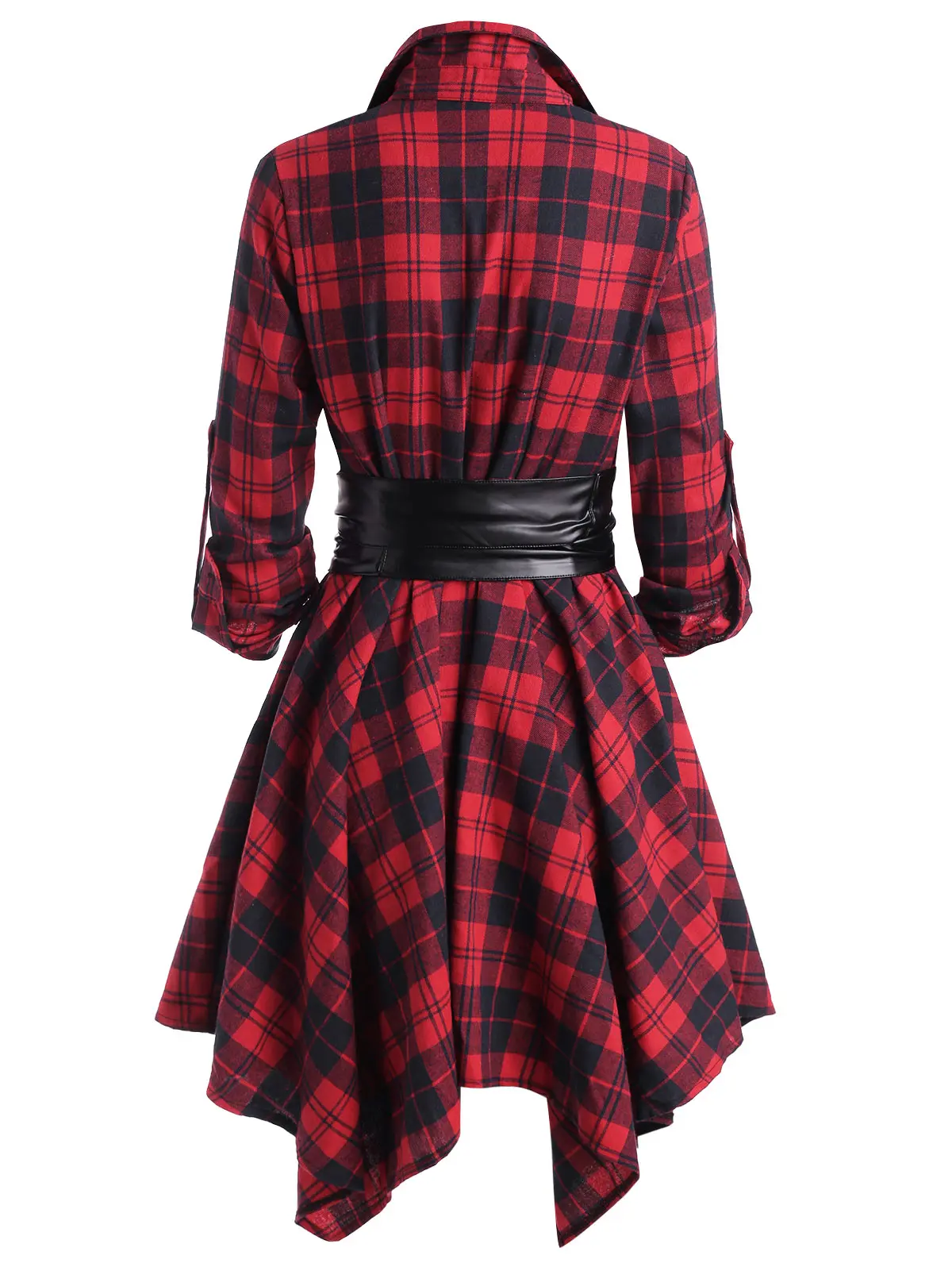 Women Red Plaid Belted Roll Tab Sleeve Handkerchief Dress Grunge Gothic Casual Dresses Vestidos Button Up Long Sleeve Streetwear