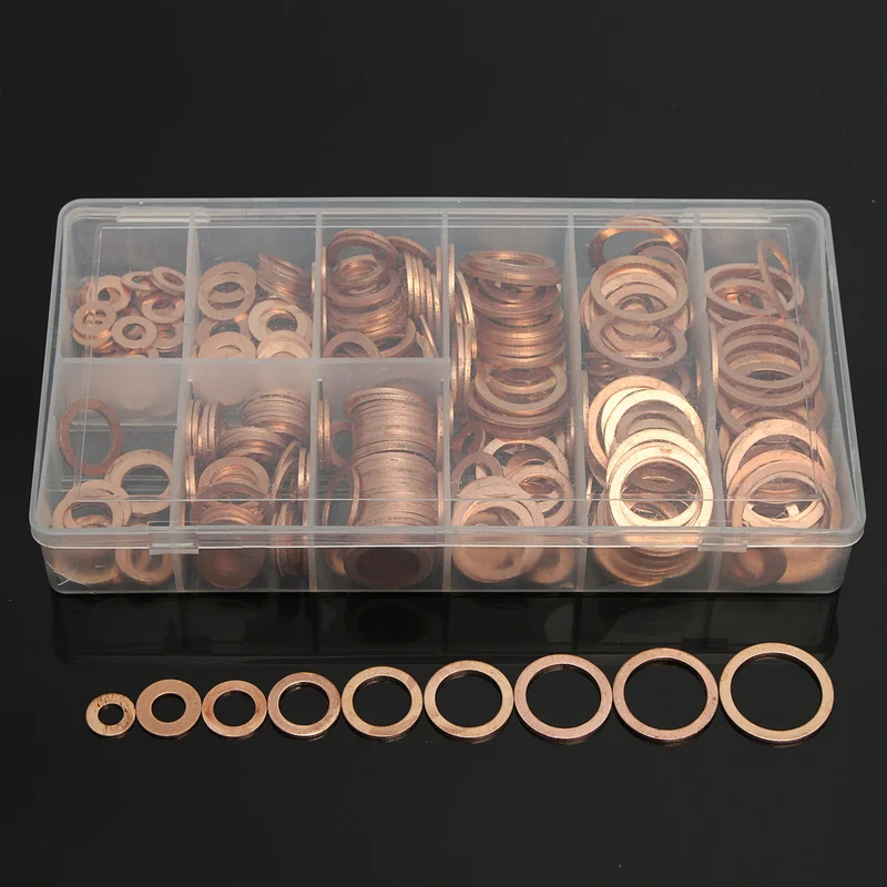 400PCS Professional Metric Copper Washer Gasket Set Flat Ring Seal Assortment Kit M5-M22 with Box For Hardware Accessories