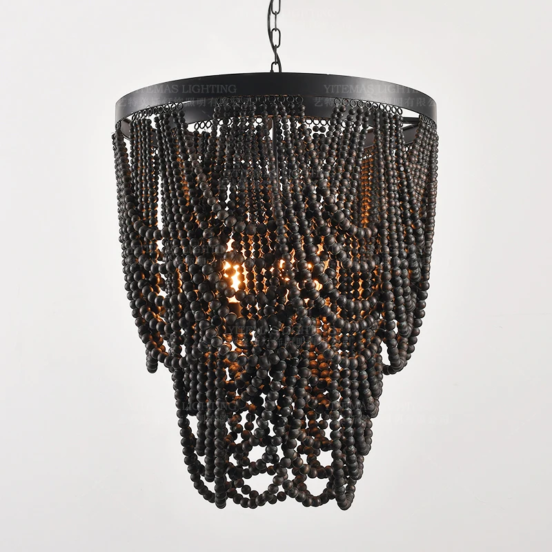 Vintage Black Pendant Chandelier Wood Beaded Antique Lighting Foyer Dining Nordic Chandelier Bedroom Pendant Kitchen Lamps