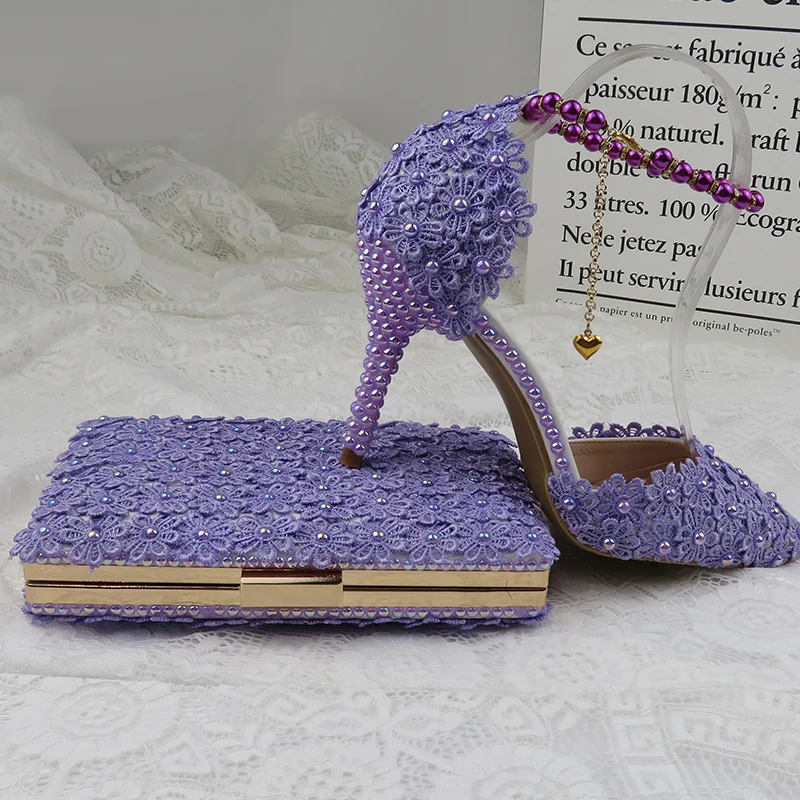 

Violet Flower Wedding Shoes With Matching Bags High Heels Pointed Toe Ankle Strap Ladies Party shoe and bag set AB Pearl Shoe