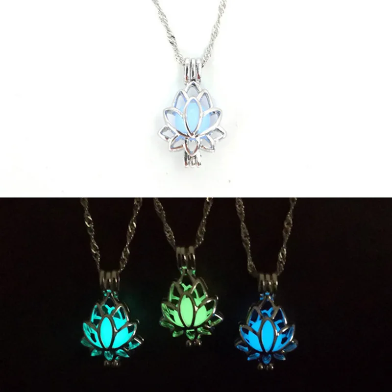 Luminous Glowing In The Dark Moon Lotus Flower Shaped Pendant Light in the Night Necklace For Women Yoga Prayer Buddhism Jewelry