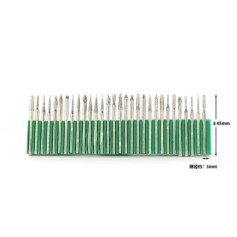 Diamond Grinding Burr Needle 30PCS 3.0mm Shank Point Engraving Carving Polishing Glass Jade Stone Drill Bit Rotary Tool