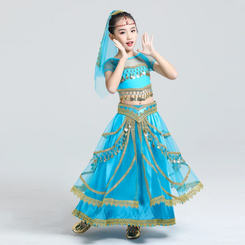 New Children Bollywood Dance Costume Set Belly Dance Indian Sari Girls Top Headwear Veil Belt Skirt Coin Stage Performance