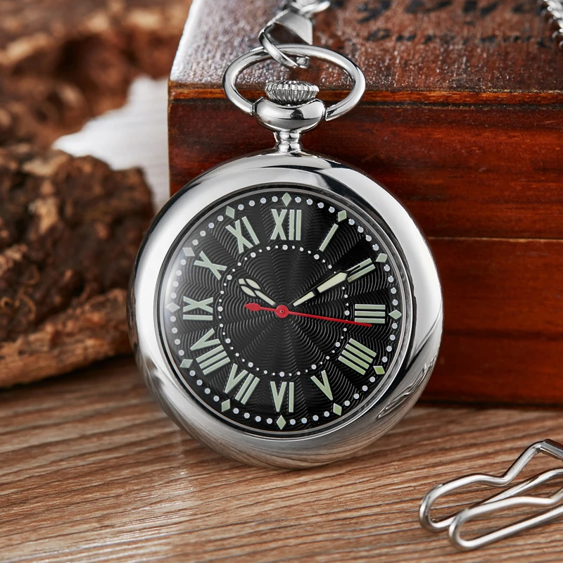 Montre De poche à Quartz lisse et lumineuse pour hommes et femmes, avec chaîne, médaillon, cadran creux, Steampunk, boîte noire