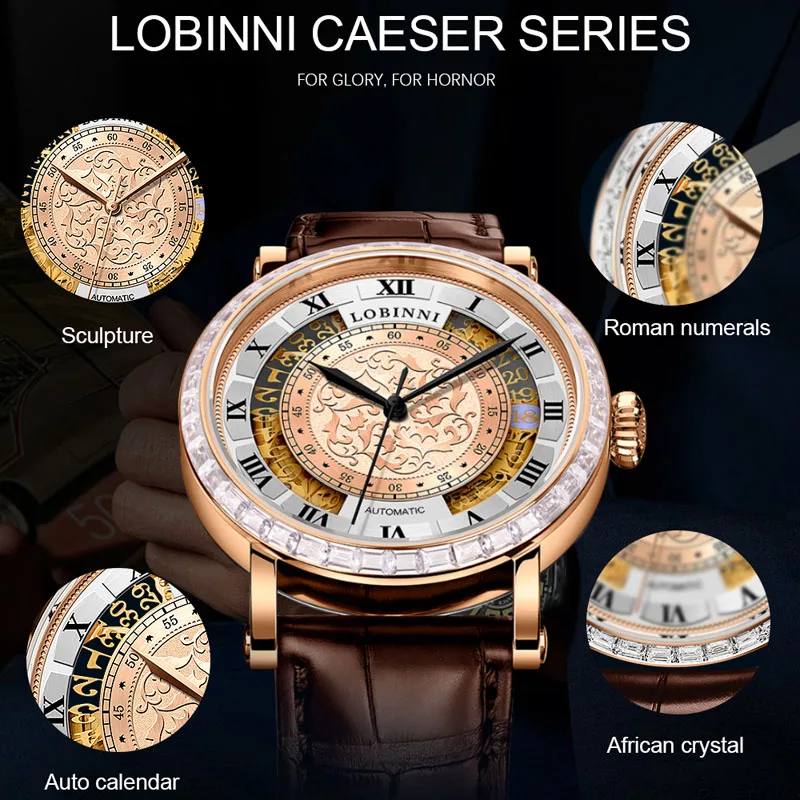Reloj mecánico automático LOBINNI de marca de lujo para hombre, reloj de pulsera resistente al agua con calendario para hombre, reloj con correa de cuero, reloj Masculino