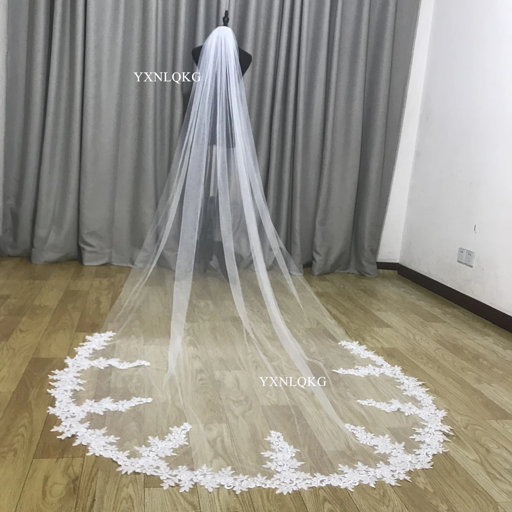 2022 nova foto real 3m uma camada véu de casamento branco borda do laço véus de noiva marfim applique catedral véu de casamento com pente