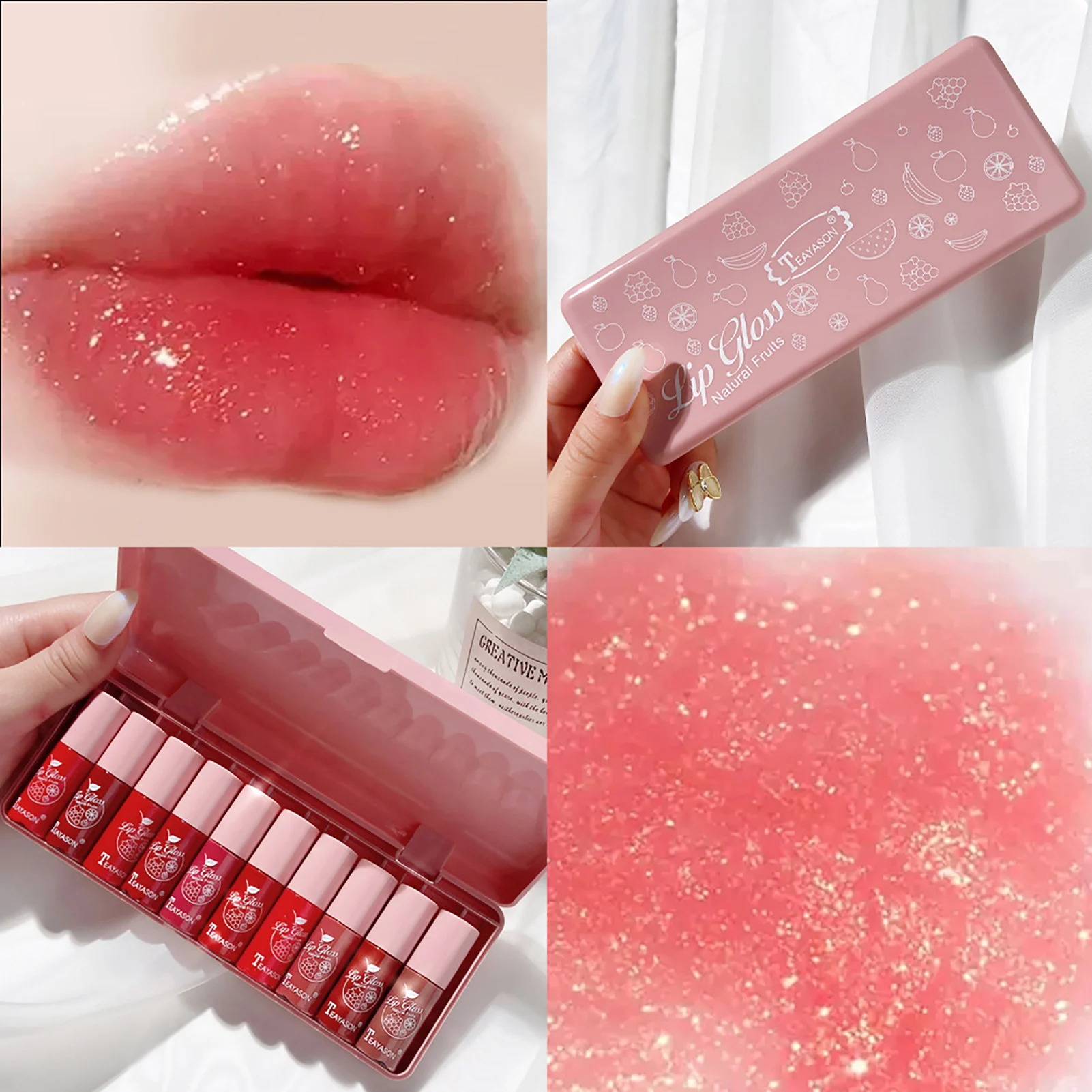 10pcs Girl Pink Lip Gloss Set Jelly Lipstick Moisturizing Glass Lip Gloss Cream Red Pink Shiny Lip Long Lasting Glitter Lip Int