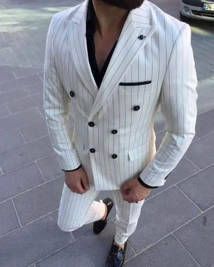 Traje a rayas blancas para hombre, de doble botonadura esmoquin, ajustado, para novio, boda, graduación, 2 uds.