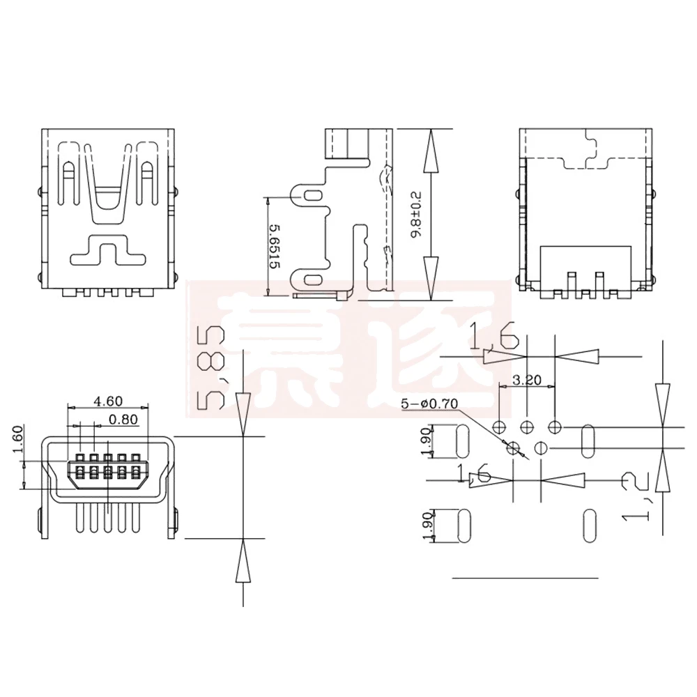 10Pcs Mini USB Type B 5-Pin Female Socket Right Angle DIP Jack Connector