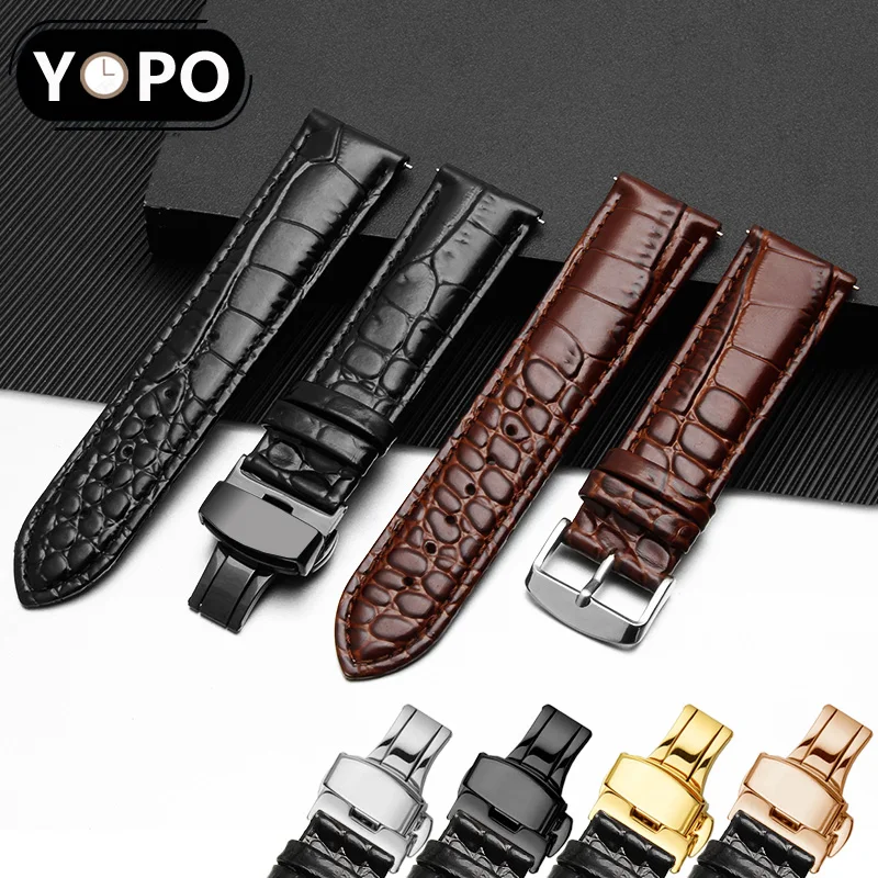 Yopo Quality 18mm 20mm 22mm Genuine leather strap black brown wristband Replacement belt  for men and women