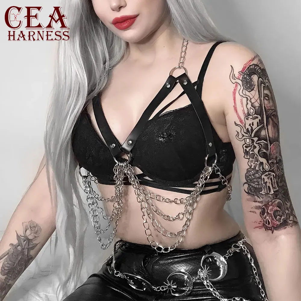 

Sexy Goth Leather Harness Women Belt Body Chain Harness Bra Chest Bondage Lingerie Chain Harness Erotic Waist Belt Goth Chest