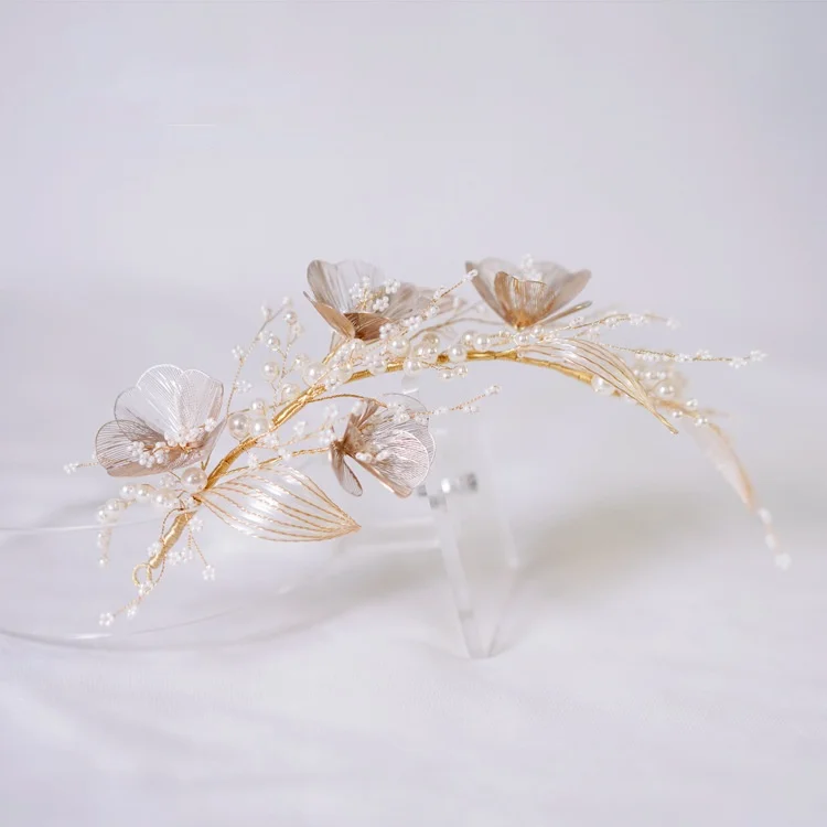 Beaded Metal Petals Side Transparent Bridal Headdress Wedding Hair Makeup Shooting Accessories