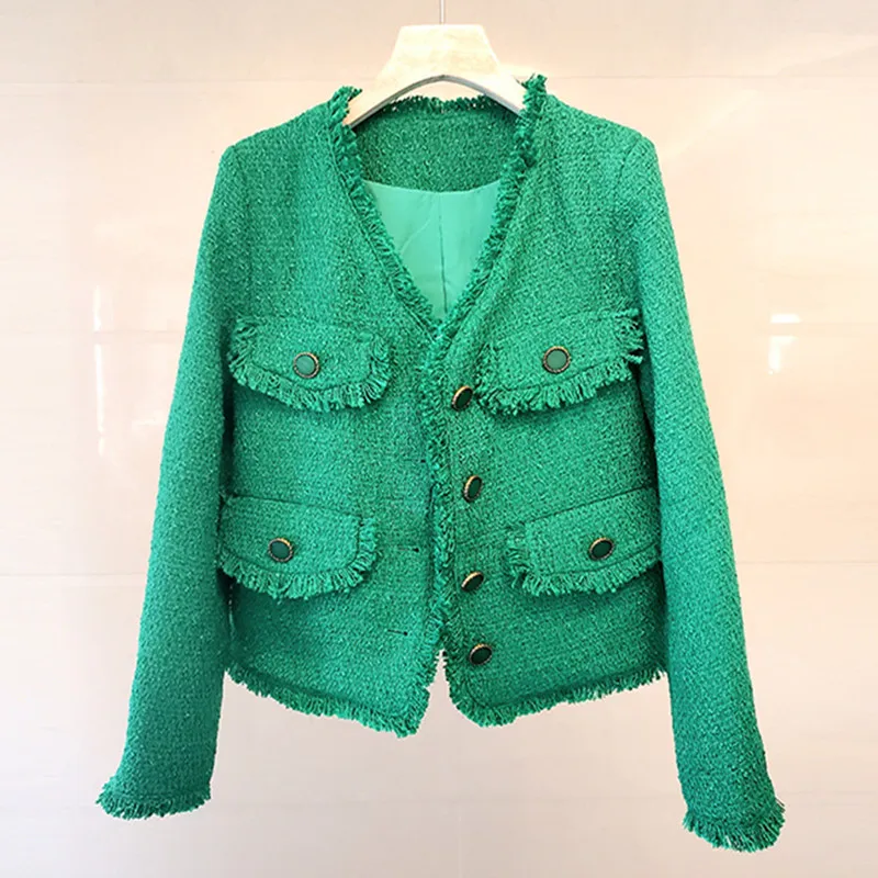 

French Green Celebrity Tweed Tassel Jacket Women Coat 2022 Autumn Long Sleeve V-neck Chamarras De Mujer Ropa De Mujer K3396