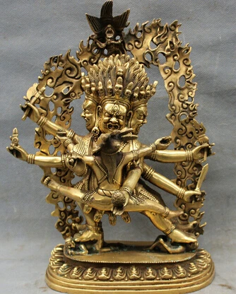 

BRONZE HOME DECORATION BRASS 12" TIBET BRASS BUDDHISM JOSS PROTECT 3 HEAD 6 ARMS MAHAKALA BUDDHA SET STATUE